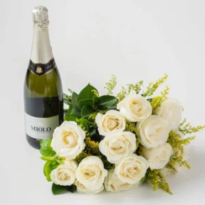 Buquê de 15 Rosas Brancas e Espumante