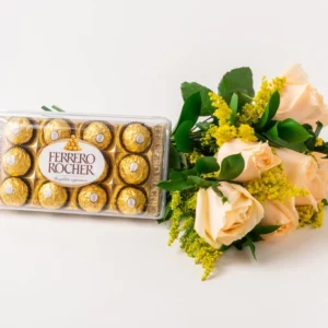 Buquê de 8 Rosas Champagne e Chocolate