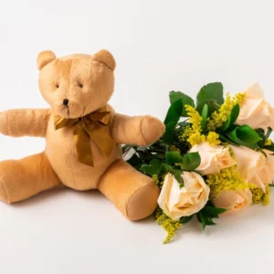 Buquê de 8 Rosas Champagne e Pelúcia